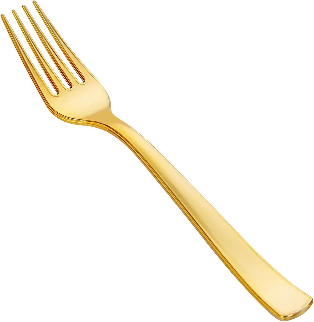 YOUBET 50PCS Gold Plastic Forks - Heavy Duty Plastic Forks - Solid Durable Gold Disposable Silverware for Party Picnic Wedding and Daily Use