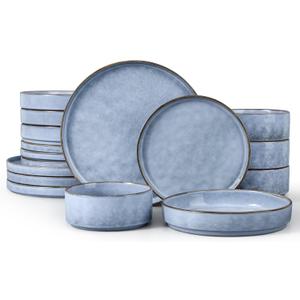 LIANYU 16 Piece Dinnerware Dish Sets with Salad Blows, Plates and Bowls Dinner Set for 4, Stoneware Dish Tableware for Dessert Salad Pasta, Microwave & Dishwasher Safe, Serenity Blue