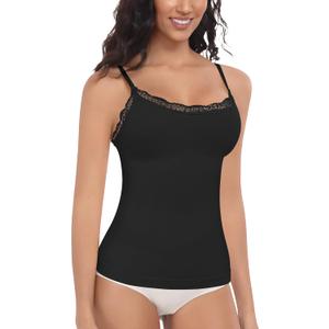 EUYZOU Women Shapewear Tummy Control Camisole Tops - Suqre Neck Sexy Compression Tank Tops Seamless Body Shaper (Large, Lace-black)