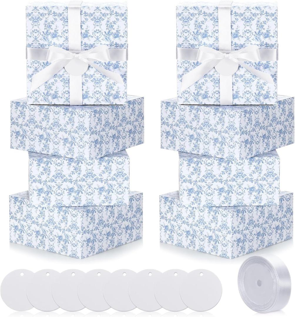 Faccito Blue 8 Pack Floral bridesmaid proposal Gift Boxes 8 x 8 x 4 Inch Flower Paper Boxes with Ribbon Label Card for Wedding Bridesmaid Gift Bridal Baby Shower Birthday Party Favor (Chinoiserie)