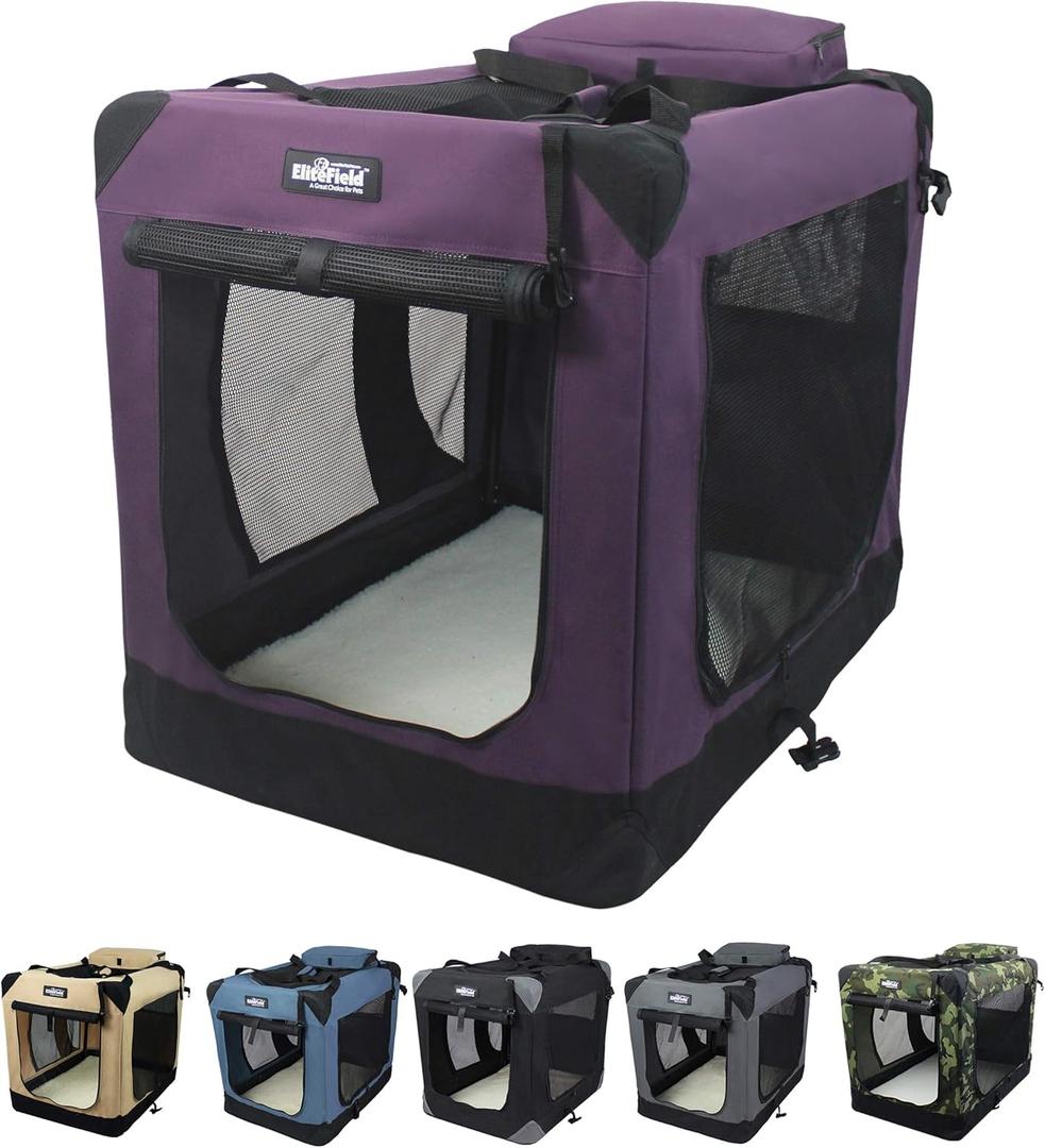 EliteField 3-Door Folding Soft Dog Crate with Carrying Bag and Fleece Bed, Indoor & Outdoor Pet Home (36" L x 24" W x 28" H, Purple)