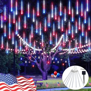 JMEXSUSS Red White and Blue Solar Lights, 8 Tube 144 LEDs Patriotic Solar Meteor Shower Lights Waterproof for Independence Day, Gardens, Tree, Outdoor 4th of July Decorations