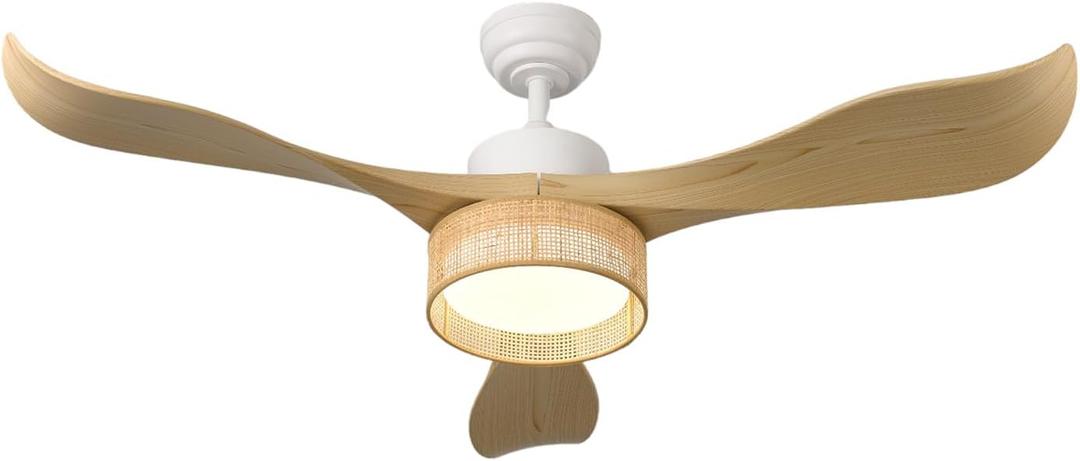 52 inches LED Bamboo DC Ceiling Fan with Light Fixture and Remote Control,Boho Wooden Bohemian Dimmable Rattan Wicker Fandelier for Indoor,Outdoor,Bedroom,Living room,Dining room