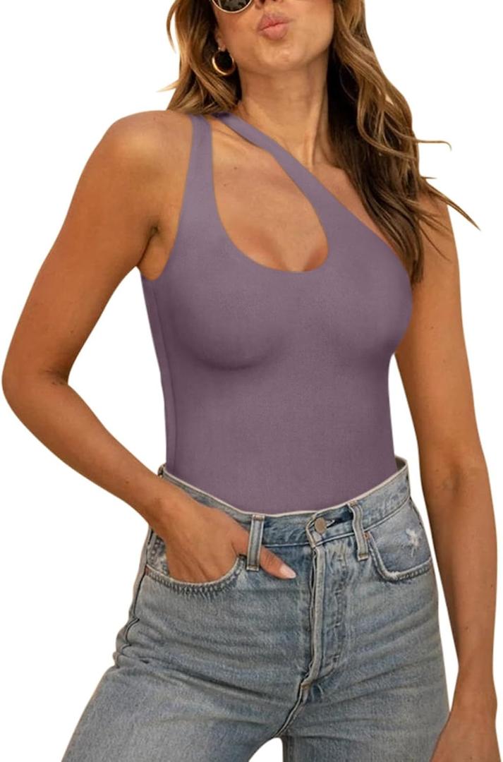 REORIA Butsmooth Women's Trendy Sexy Plunge One Shoulder Sleeveless V Backless Going Out Tank Bodysuits Tops Large