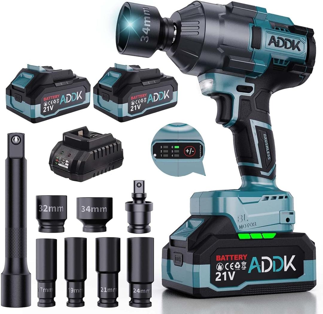 Cordless Impact Wrench, Power Impact Wrenches electric wrench 1/2 inch, 740 Ft-lbs(1000/1600 N.m), Six Adjustable Speed, w/ 2 Battery, 5 sockets, 1 glove, 1 extension rod, 2 pins, 2 holsters (1600Nm)