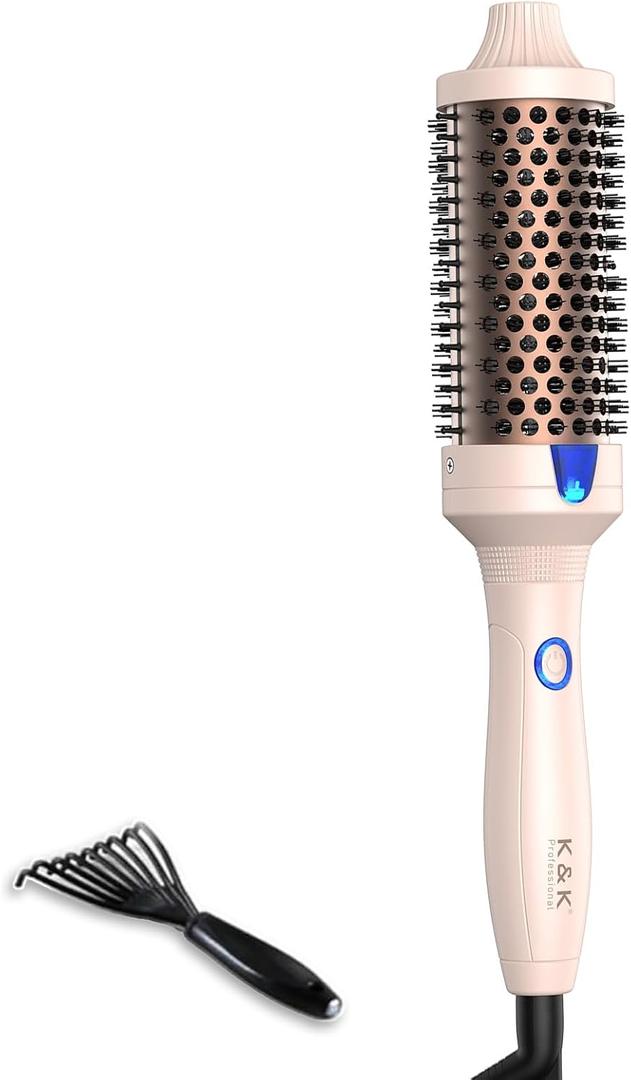 K&K 1.77 inch Volumizing Brush Heated Curling Ceramic Tourmaline Ionic Curling Iron Quick Heating Makes Hair Silky Smooth Dual Voltage Travel-Friendly Straightening Round Design (Pale pink, 1.77 Inch)