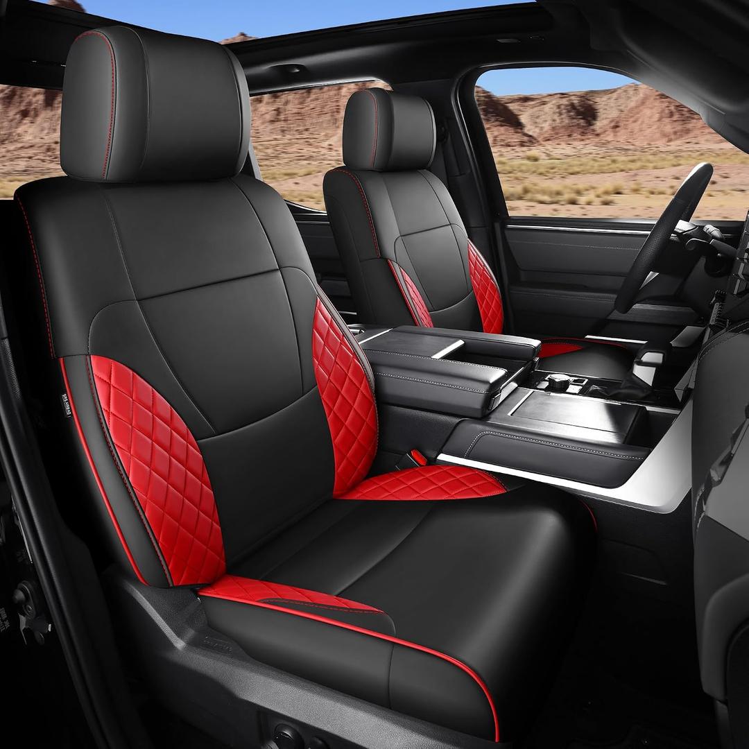 for Toyota Tundra Seat Covers 2022 2023 2024 2025 2026 Custom Fit Full Set, Waterproof & Durable Leather Seat Covers for Car - Black/Red (for SR/SR5 Only, NO Rear Armrests)