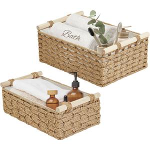 DECOMOMO Wicker Storage Basket, Back of Toilet Basket, Bathroom Organizer, Toilet Tank Tray, Countertop, Home Decor (Beige, Set of 2) (2 Pack - Paper Rope)