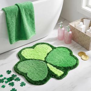 St Patricks Day Bathroom Rugs: Thick St. Patrick's Day Shamrock Bathroom Decor, Green Lucky Clovers Shaped Welcome Rug Tufted Carpet Room Decor, Irish Day Door Mat for Home Entrance Doorway
