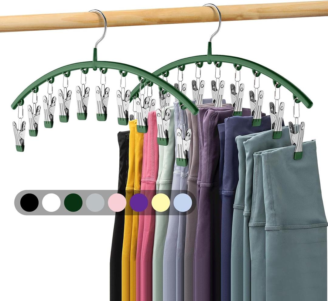 Legging Organizer for Closet, Metal Yoga Pants Hangers 2 Pack w/10 Clips Holds 20 Leggings, Space Saving Hanging Closet Organizer w/Rubber Coated Closet Organizers and Storage, Green