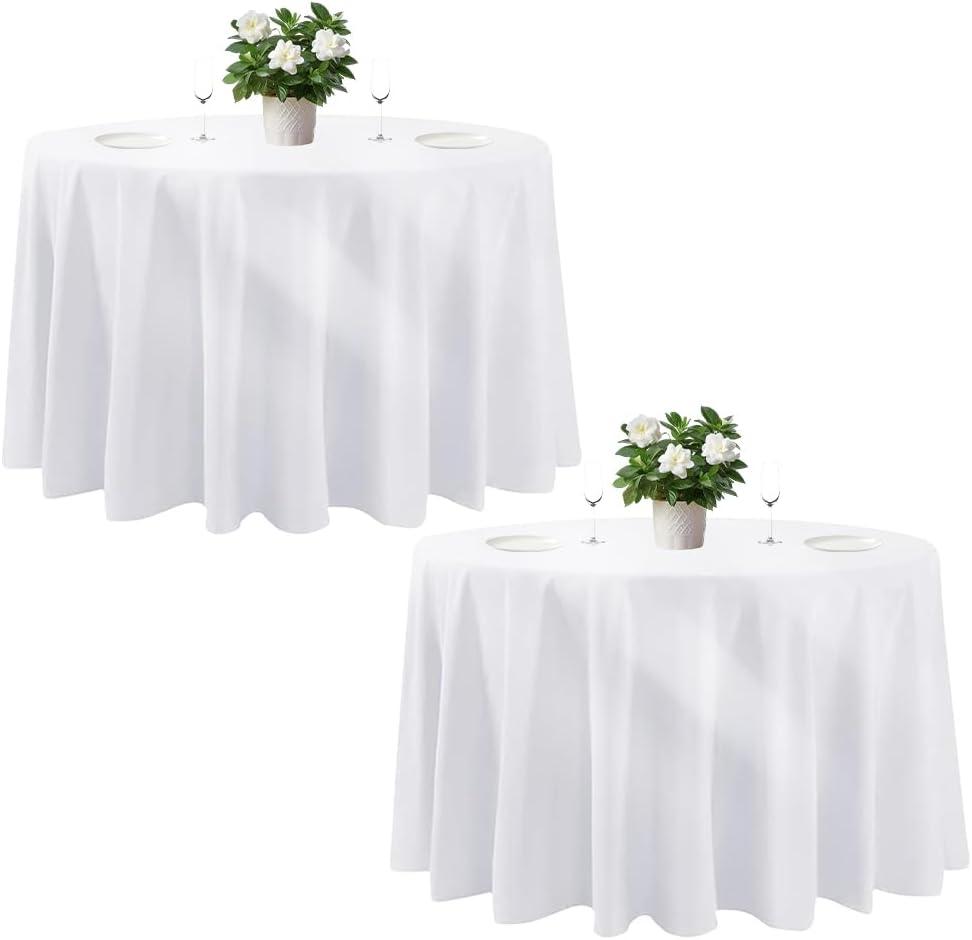 Cuckan 120 Inch Round Tablecloth, 2 Pack White Stain Resistant and Wrinkle-Free Polyester Table Cover for Wedding, Banquet, Party, Restaurant [White], [2-Pack]