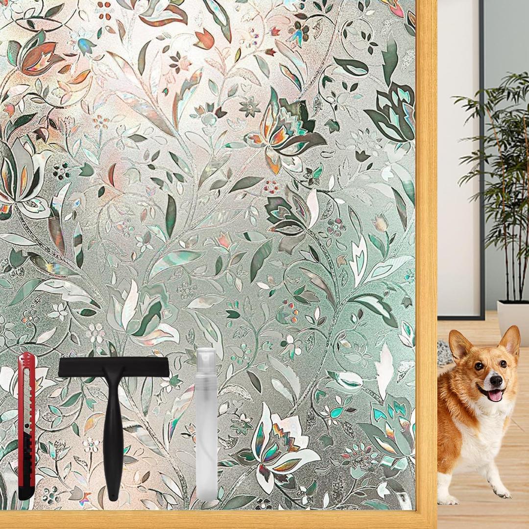 Frosted Tulip Patterned Window Privacy Film with Installation Tools, Stained Glass Decorative Film, Removable, Peep-Proof, Static Cling (29.5 x 78.7 Inch)