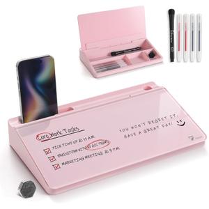 TOWON Small Compact Glass Desktop Whiteboard with Storage  12 x 7 in Dry Erase Board for Desk, Home Office, School | Includes 5 Markers, Eraser & Holder | Space-Saving Organizer, Aesthetic Pink
