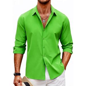 Barry Wang Mens Stretch Dress Shirts Solid Long Sleeve Button Down Shirts Formal Casual Business Prom Party Wedding (Large, Green)
