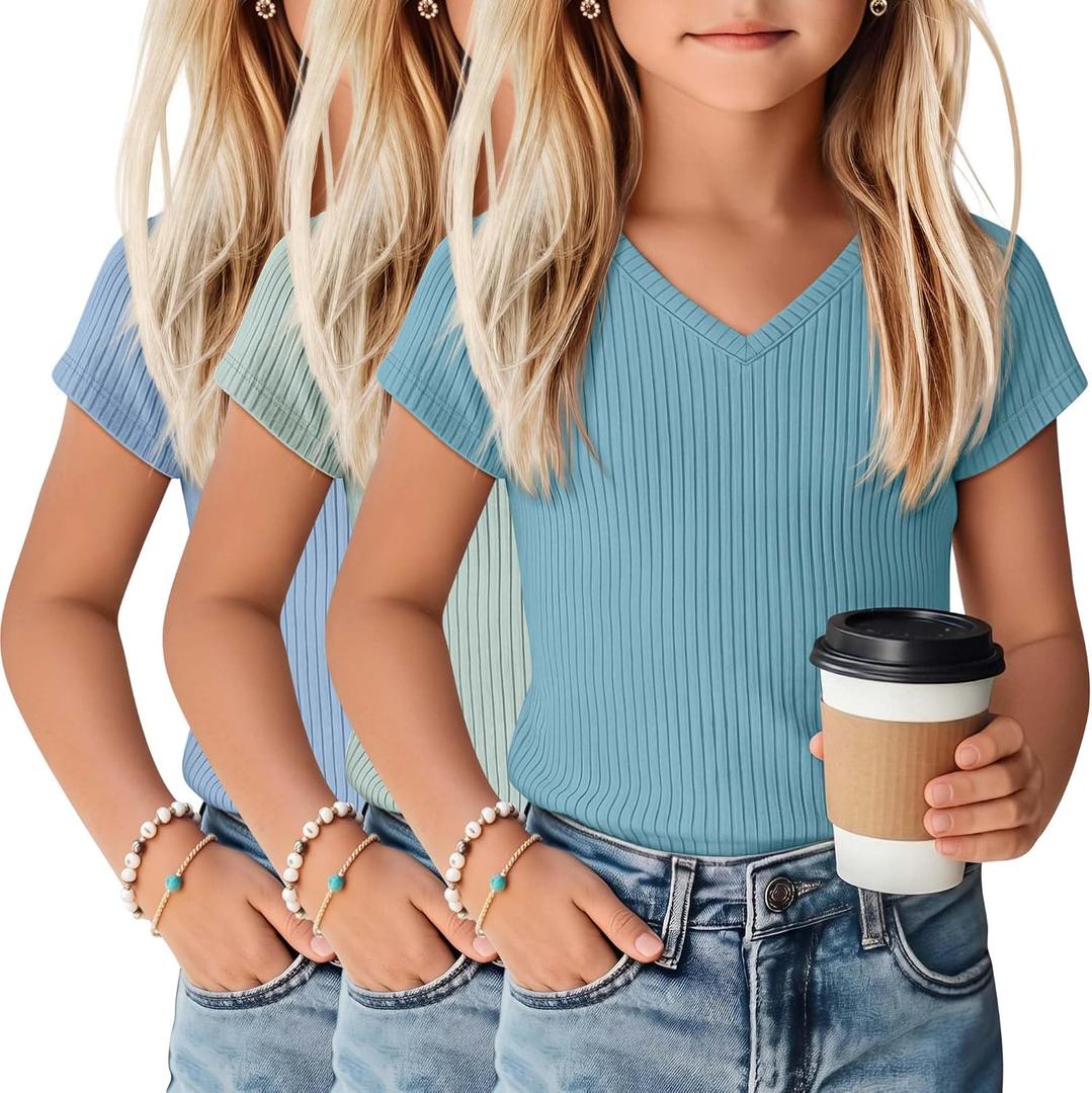 YooAurvox 3 Pack Girls Shirts Kids V Neck Short Sleeve Ribbed Knit Tunic Tops Slim Fit Casual Cute Basic Summer Solid Tee(Teal, Light Mint Green, Sky Blue, 9-10 Years)