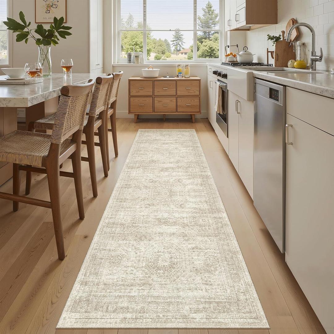 Soalmost Runner Rug 2'x8' Washable Non-Slip Runner Rugs for Kitchen Bathroom Laundry Room Beige Vintage Floor Carpet Runners for Hallway Entryway
