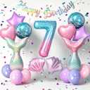 Mermaid Birthday Decorations for Girls Age 3-7, Purple Blue Pink Mermaid Theme Party Supplies with Large Shell Foil Balloons, Banner, Heart and Star Balloons for Kids Baby Shower (7th)