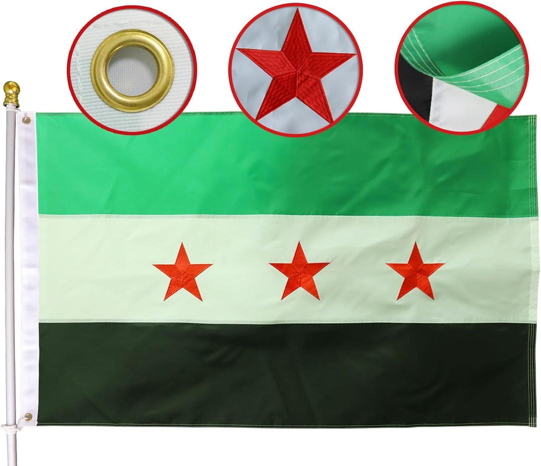 MIDLE Republic of Syria Flag 3x5 Ft Outdoor Large - Embroidered Three Red Stars Flags |Quadruple Stitched Fly Ends| House Yard Decoration Free Syrian Arab Flag Army Banner