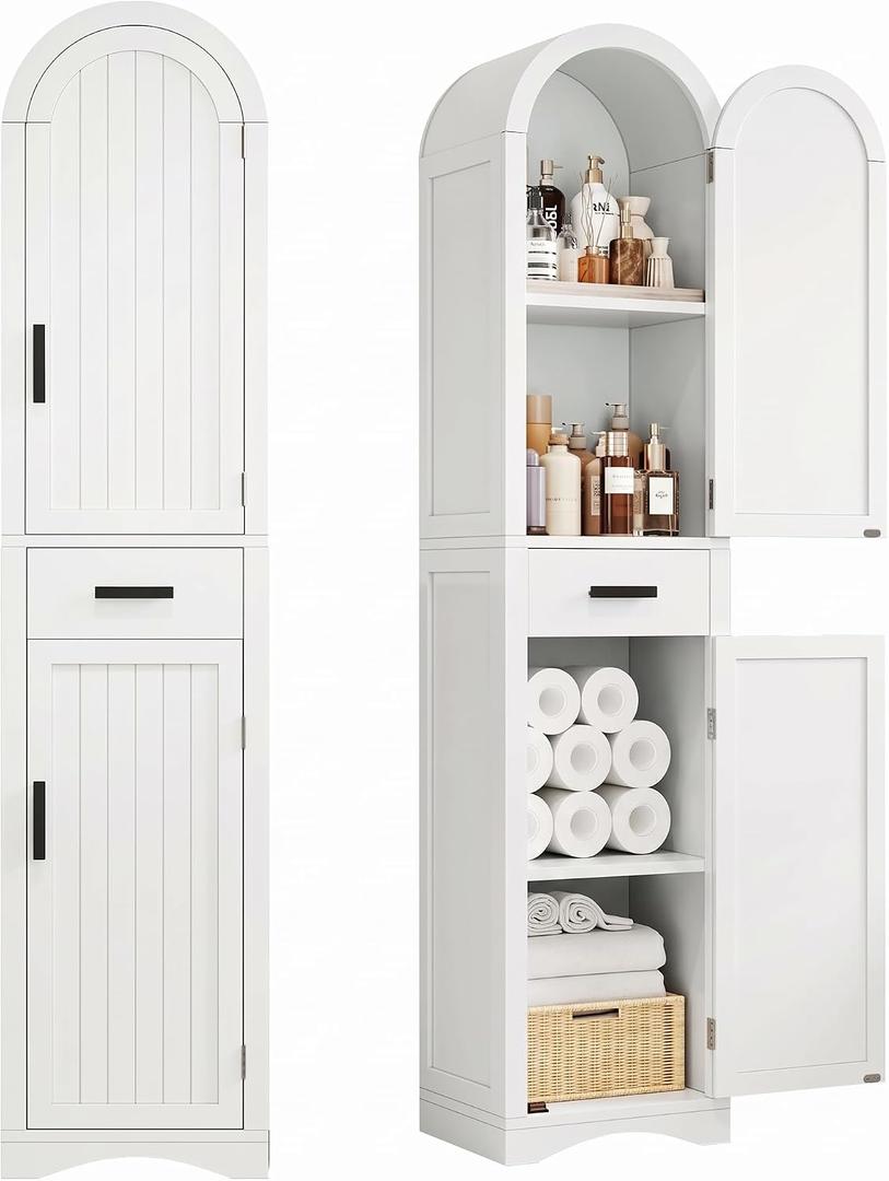 72.8" H Tall Arched Bathroom Storage Cabinet, 15.7" W, White, 72.8" H x 15.7" W x 11.8" D