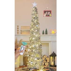 SINTENILL 6 FT Pop Up Christmas Tree with 100 LED Timer Lights & Remote, Silver Collapsible Christmas Tinsel Tree Artificial Pencil Tree Xmas Decoration for Holiday Home Office Party, USB Powered