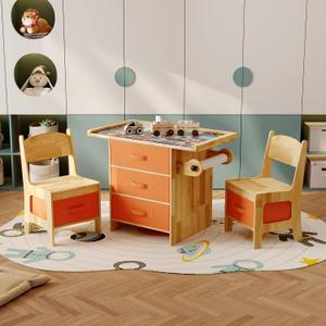 Solid Wood Kids Table and Chair Set, Toddler Activity Table with 2 Chairs, Storage Drawers, Paper Roll Holder & Play Board, Art Craft Play Desk for Nursery Playroom Drawing Reading, Small