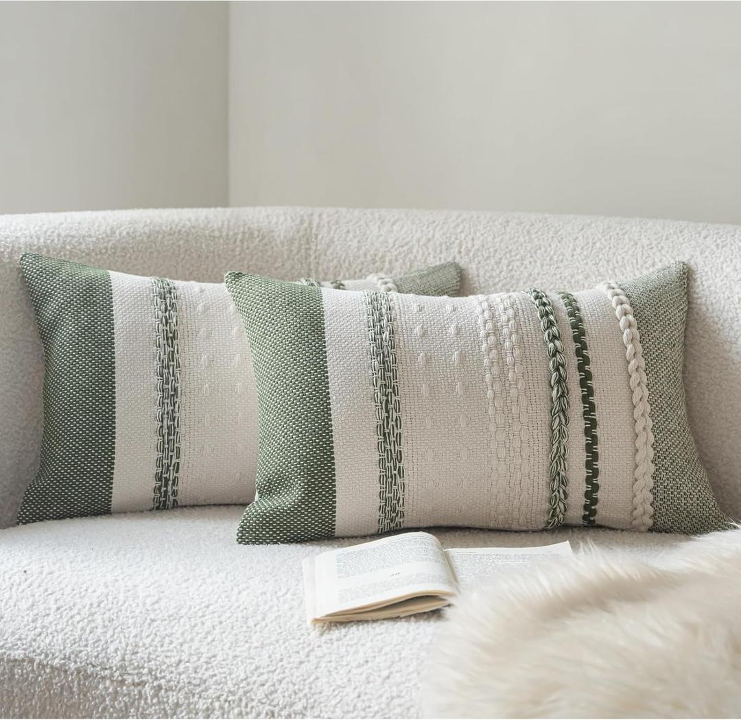 Cethom Boho Throw Pillow Covers 12x20 Inch Set of 2, Green Textured Decorative Couch Pillow Cases for Farmhouse Home Decor, Accent Cushion Cover for Sofa, Bed, Living Room, Bedroom