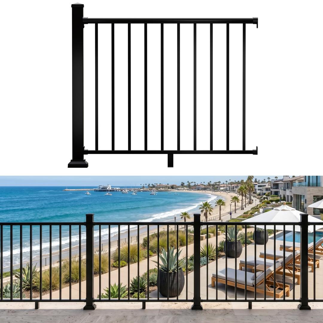 42 in. H x 4 ft. Heavy Duty BH Aluminum Straight Picket Railing with Post, Porch and Deck Railing Kit Supports Up to 800 Lbs, IBC Compliant and Certified, AAMA2604 Powder Coating, Textured Black