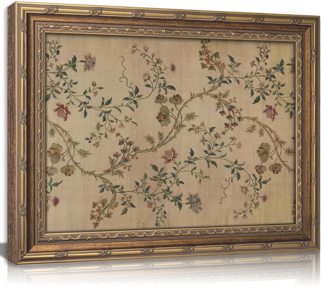 Vintage gold framed Floral Vine wall art Retro Beige Botanical Painting Canvas Prints Elegant Antique Flower French Leaf Wall Decor for Farmhouse Bedroom Living Room Home Decration 12x16in