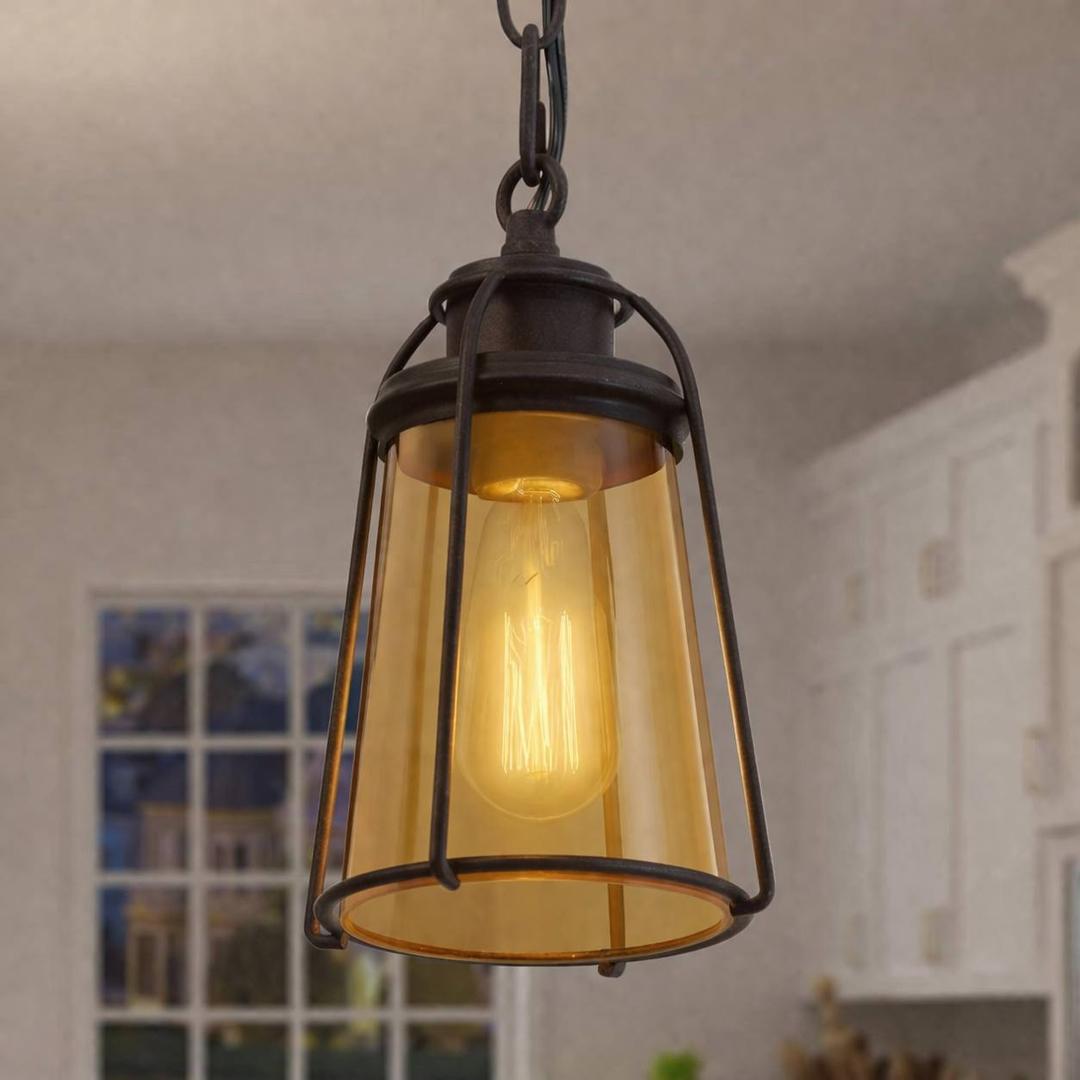 Farmhouse Pendant Lighting, Mini Rustic Hanging Light Fixture with Seeded Glass Shade for Kitchen Island, Foyer, Hallway, Bedroom and Entryway, Bronze, Set Of 2