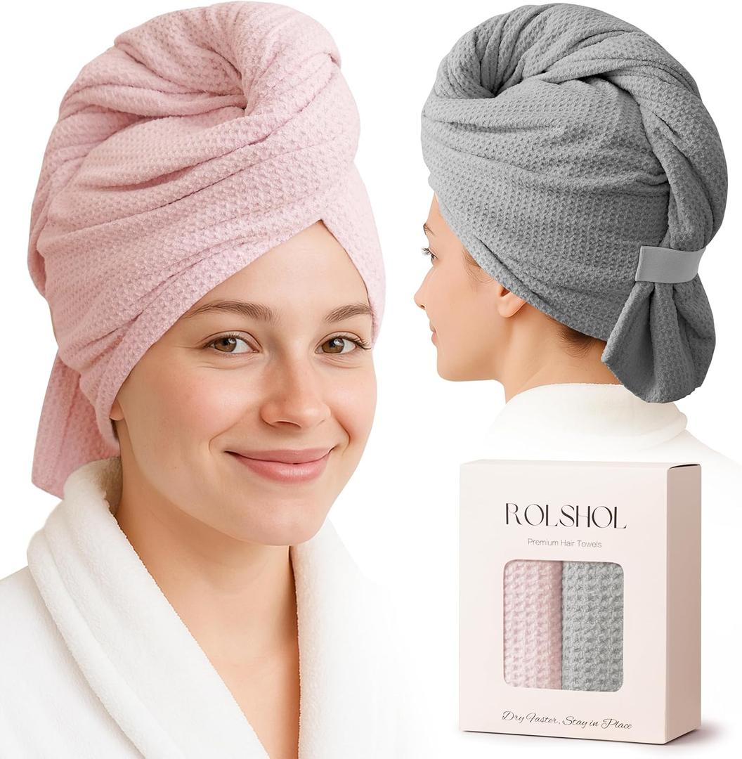ROLSHOL 2 Pack Microfiber Hair Towel Wrap for Women, 32" x 11" Waffle Weave Hair Plopping Towel for Curly, Long & Thick Hair, Anti-Frizz Hair Turbans for Wet Hair (Pink, Grey)
