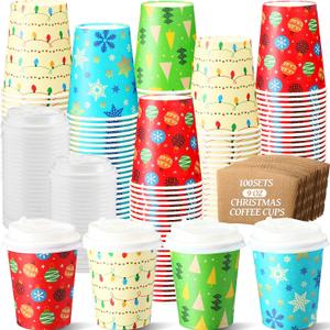 Cunhill 100 Sets 9oz Christmas Disposable Coffee Cups with Lid Vivid