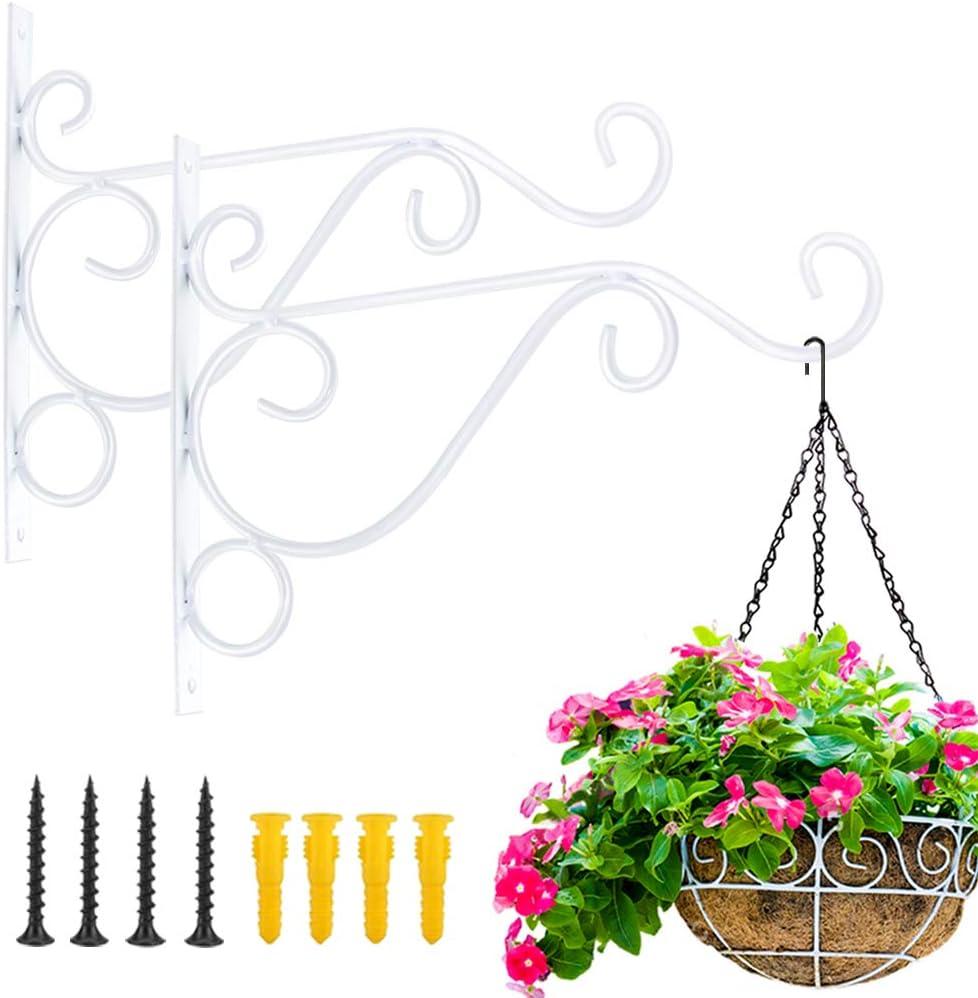 KABB Hanging Plant Bracket, 2 Pcs 10 Inch Iron Decorative Wall Planter Hanger Hooks for Hanging Plants Flower Baskets Wind Chimes Bird Feeders, Indoor Outdoor Rustic Home Decor, White
