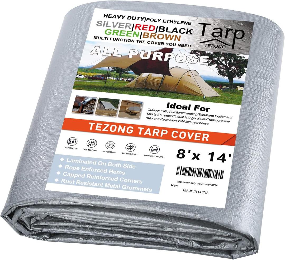Tarps Heavy Duty Waterproof 8x14ft,Silver Plastic Tarps Large Multipurpose Outdoor Tarp Cover Thick Poly Tarpaulin 12MIL for Emergency Rain or Sun, Roof, Patio Furniture, Firewood, Canopy