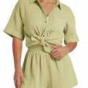 Flygo Womens Casual 2 Piece Outfits Cotton Linen Sets Button Down Oversized Shirt Shorts 2025 Pajama Lounge Beach Set (X-Small)