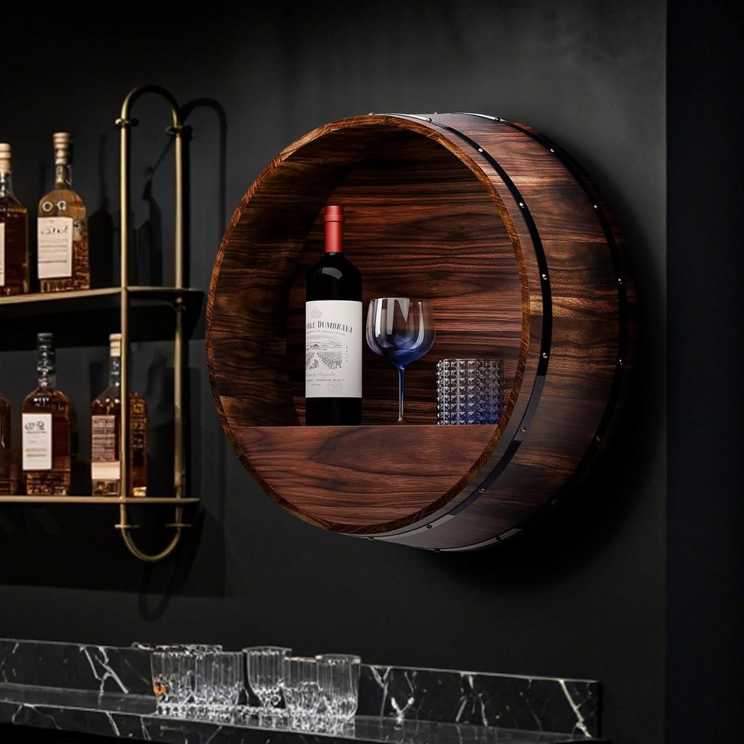 Whiskey Barrel Decor, Bourbon Whiskey Barrel Shelf, Wall Mount Wine Rack, Rustic Wine Rack Wood for Vintage Wine Bar and Home Dcor (Small)