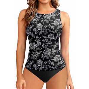 Aqua Eve Women's High Neck Tankini Swimsuits - Two Piece Tummy Control Bathing Suits Modest Swimwear 2025 (Small, Black Foral)