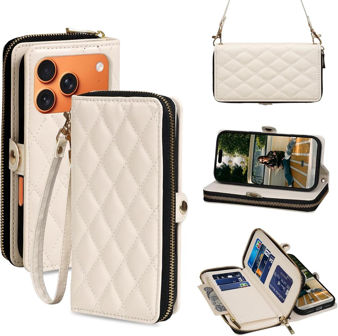 Rssviss Crossbody Case for iPhone 17 Pro Case Wallet, RFID Blocking Leather with Card Holder Kickstand, Handbag Zipper Flip Cover with Wrist Strap for iPhone 17 Pro Men Women 6.3", White