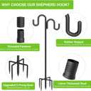 Double Shepherd Hook for Outdoor, 76" Heavy Duty Bird Feeder Pole with 5-Prong Base, Adjustable Thickened Shepherd Hook for Bird Feeder, Flower Baskets, Solar Lights, Lanterns, Black, 1 Pack