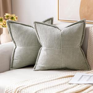 MIULEE Decorative Throw Pillow Covers for Couch Bed Livingroom 18x18 Inch Set of 2 Light Grey Boho Accent Throw Pllows Broadside Striped Patchwork Soft Corduroy Pillowcases