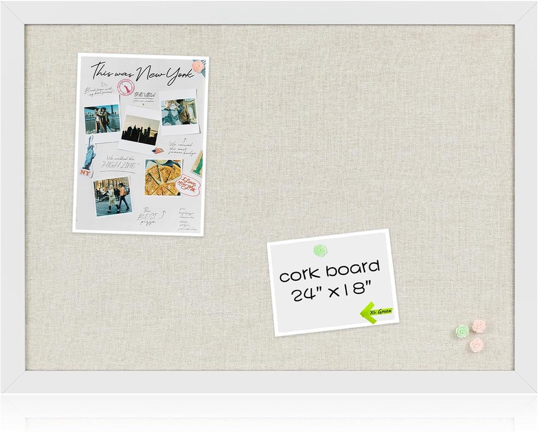 White Cork Board Bulletin Board with Linen, Wood Framed 24" x 18" Corkboard, Office Board for Wall Decor, Wall Mounted Pin Board Picture Board with 20 Pushpins for School, Home & Office