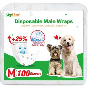 Dog Diapers Male Disposable Super Absorbent, 100 Count, Male Dog Wraps Leak Proof, Ultra Dry & Breathable, Medium (Medium (Pack of 100))