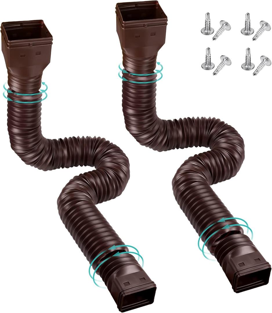 2 Pack Rain Gutter Downspout Extensions Flexible,Downspout Extender Diverter Extendable from 21" to 58". Drain Pipe Connector Extendable for Most Residential Downspouts (Brown)