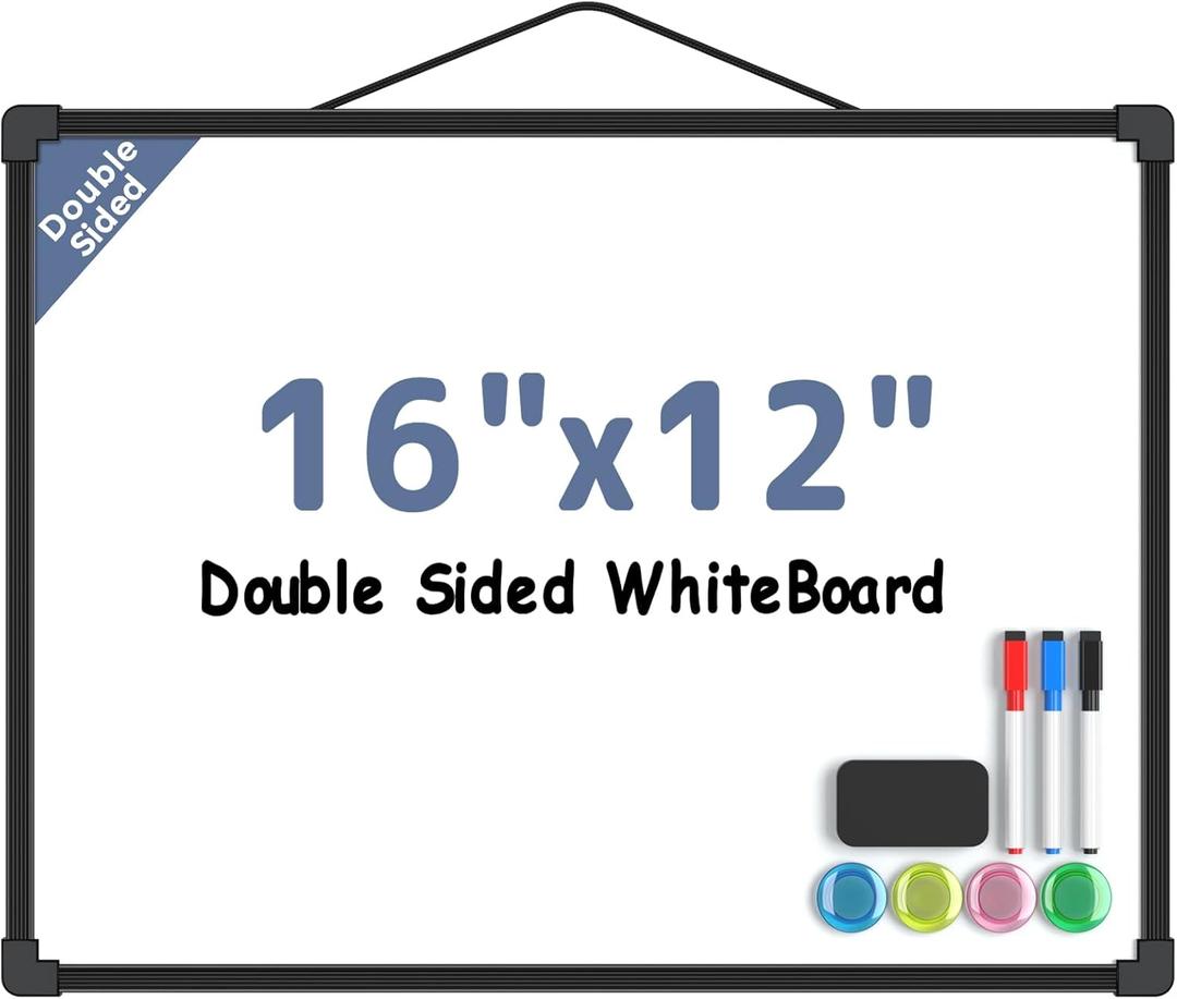 MaxGear Double-Sided Dry Erase Board for Wall, 16"x12" Hanging Whiteboard, Small Dry Erase White Board kit, Portable for Students - Planning, Drawing, Memo, to Do List, Black Frame