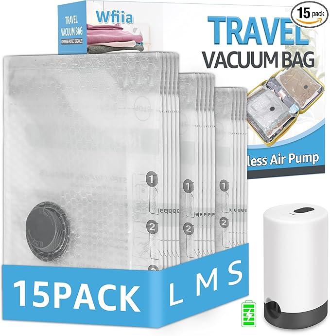 Vacuum Bags for Travel with Rechargeable Pump, 3 Sizes Vacuum Seal Bags for Clothing, Compression Vacuum Travel Bags for Luggage, Vacuum Packing Bags for Closet Organization (15)