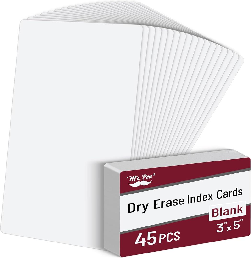 Mr. Pen- Dry Erase Index Cards, 3"x5", 45 Pack, Laminated on One Side, Blank Note Cards, Reusable Dry Erase Blank Flashcard Sheets for School, Office, Chores, To-Do Lists, Study Supplies (White)