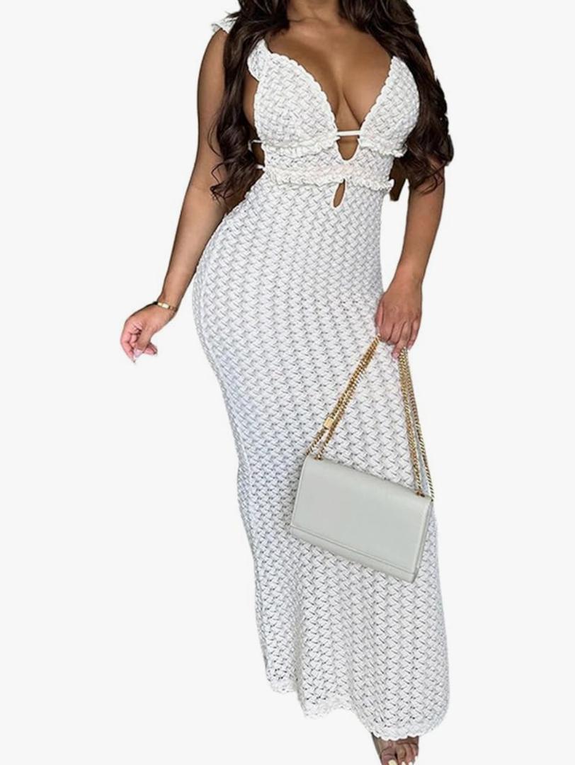 Womens Sexy Sleeveless Lace Up Ruffles Ribbed Bodycon Party Clubwear Dress, S