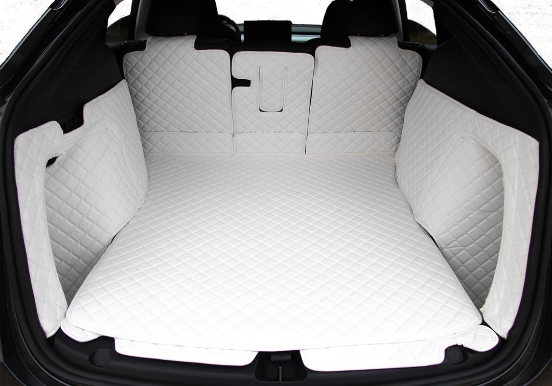 White Cargo Mat Compatible with Tesla Model Y 5-Seat Full Coverage Trunk Liner 2020-2025 (Rear Cargo Cover+Back Seat Protector+High Sides Panel Protector+Door Sill Protector)