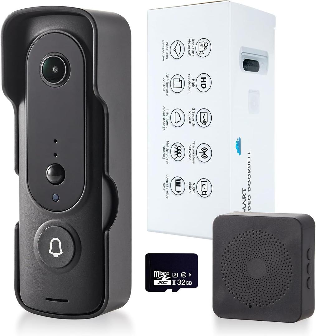 1080P Video Doorbell Camera Wireless, Included Ring Chime, IR Night Vision/Live View/Smart Human Detection/Two-Way Audio/WiFi/SD Card&Cloud Storage, Indoor Outdoor Surveillance