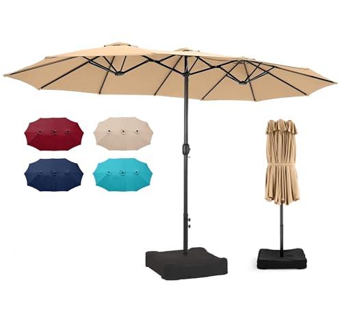 Patio Double-Sided Umbrella with Base & Crank, Extra Large Rectangular Outdoor Umbrella for Patio, poolside Lawn & Garden, Beige