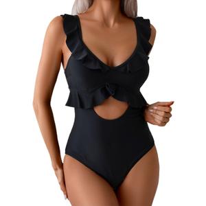 Rainlover Womens One Piece Swimsuits Tummy Control Bathing Suit Cutout High Waisted Ruffle Wrap V Neck Swimwear (Medium, Black)